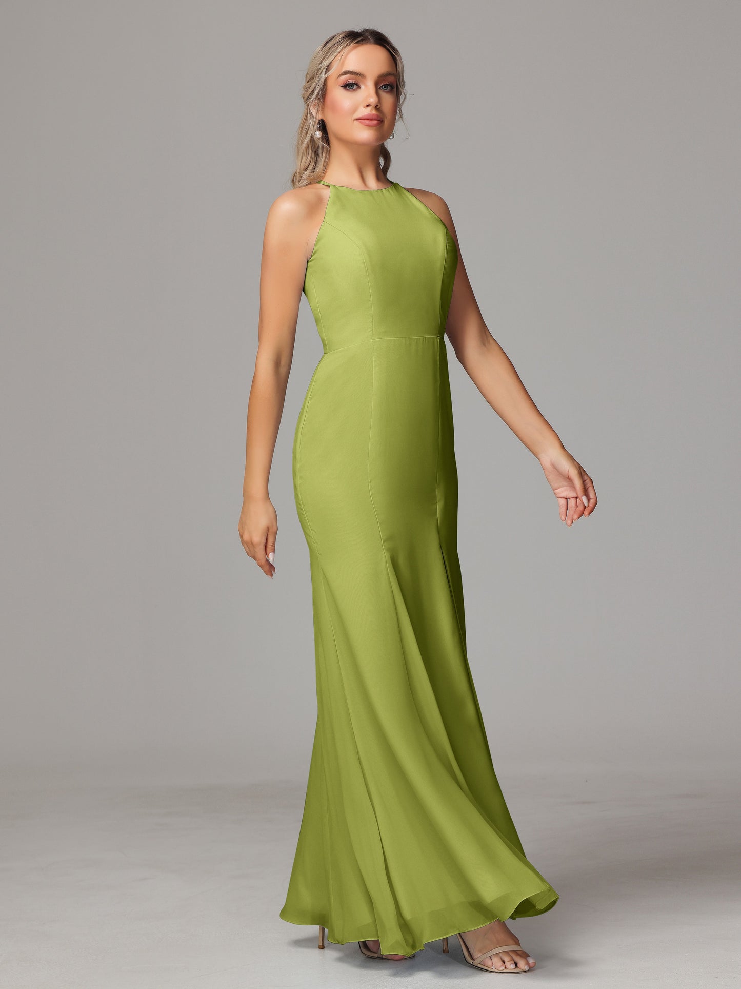 Halter Open Back Chiffon Bridesmaid Dress With Slit