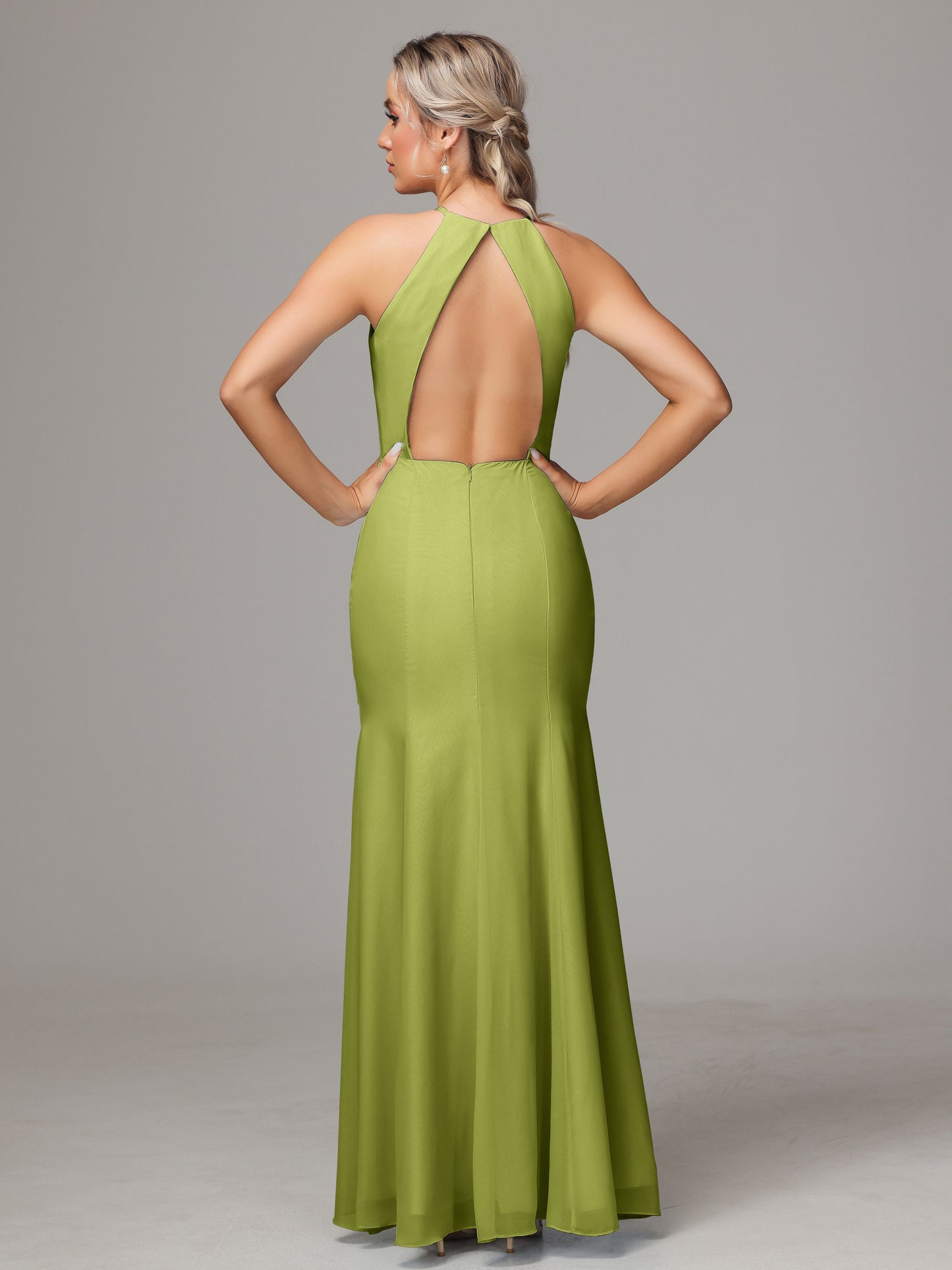 Halter Open Back Chiffon Bridesmaid Dress With Slit