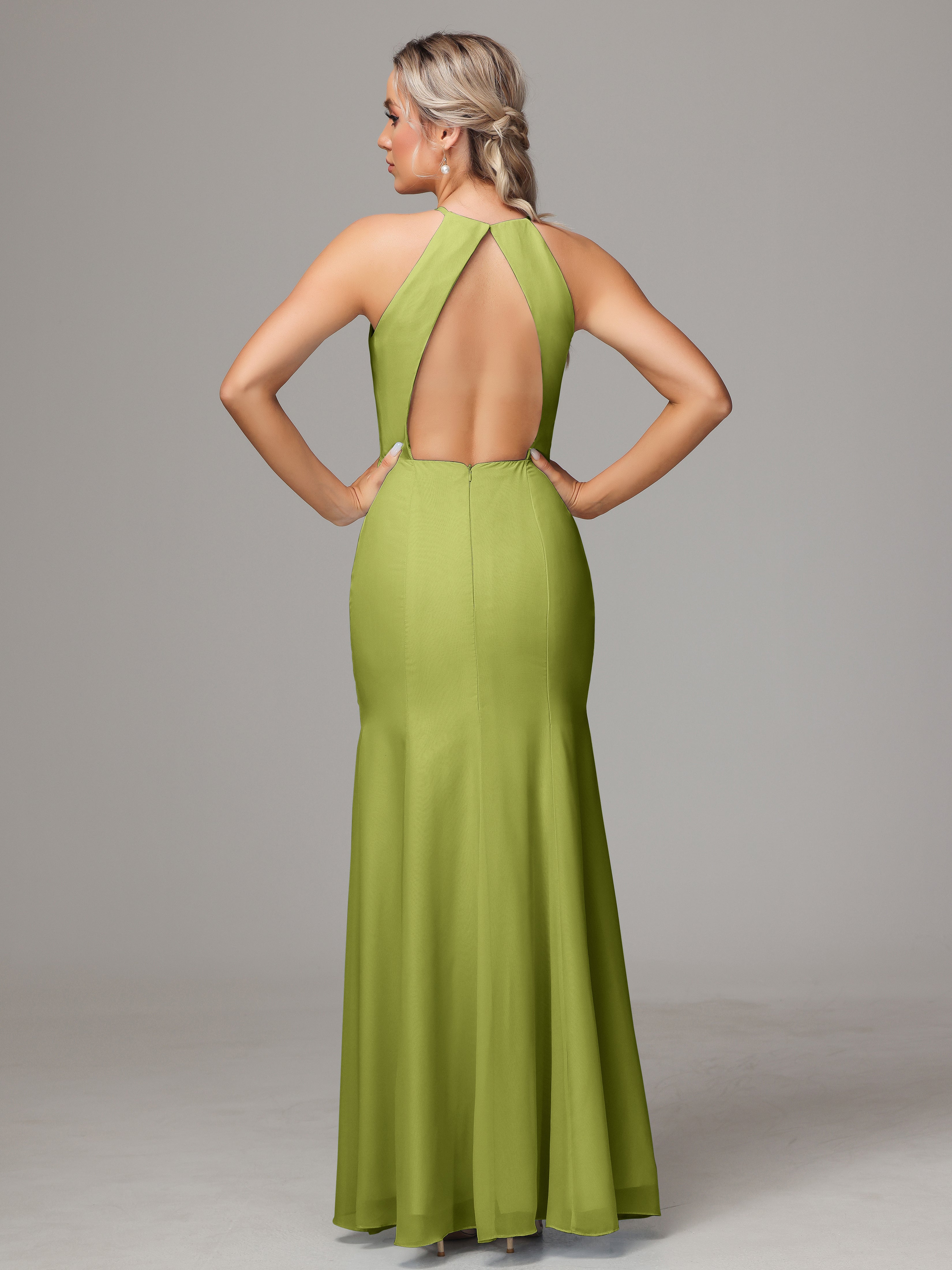 Halter Open Back Chiffon Bridesmaid Dress With Slit