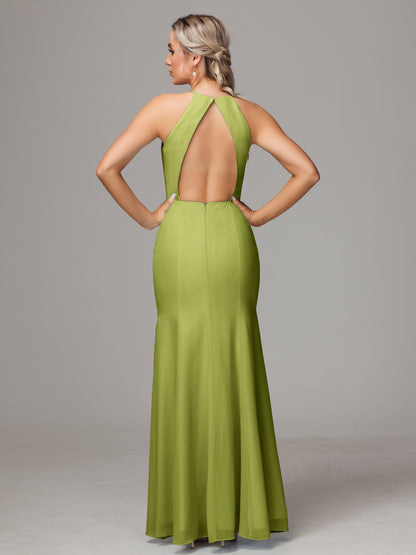 Halter Open Back Chiffon Bridesmaid Dress With Slit