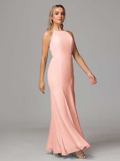 Halter Open Back Chiffon Bridesmaid Dress With Slit