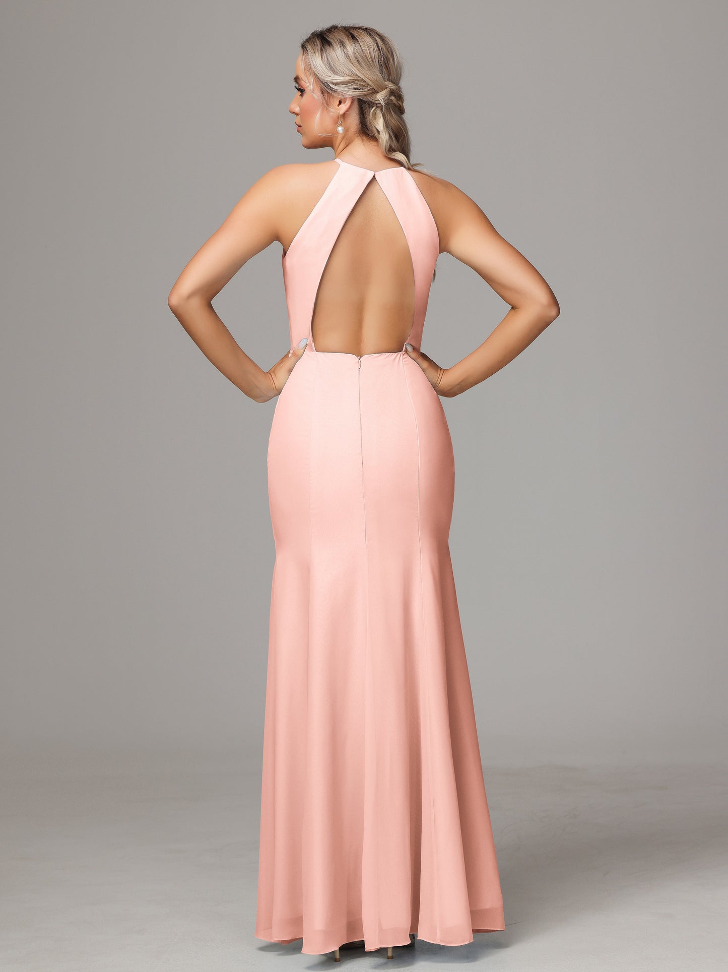 Halter Open Back Chiffon Bridesmaid Dress With Slit