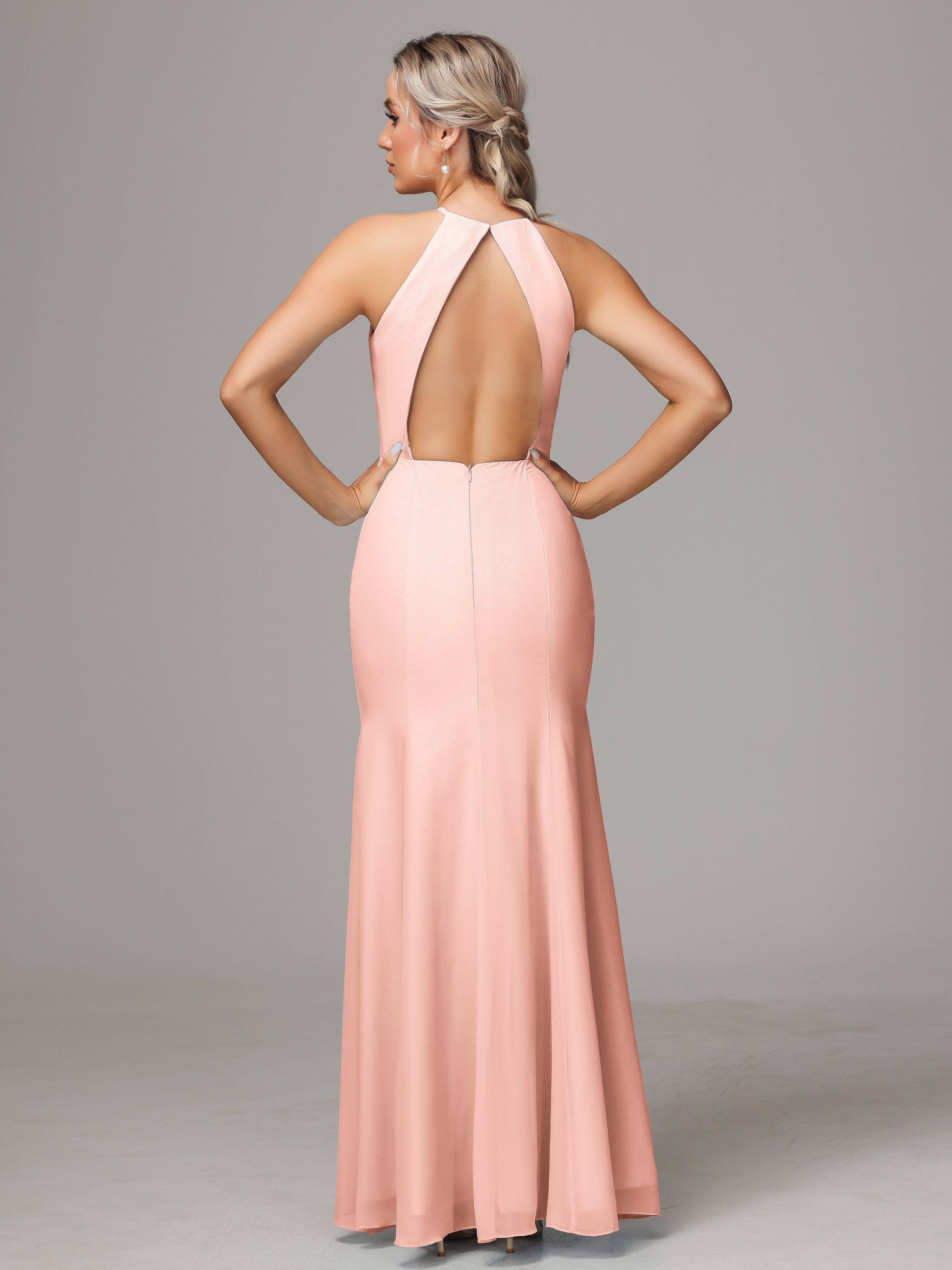 Halter Open Back Chiffon Bridesmaid Dress With Slit