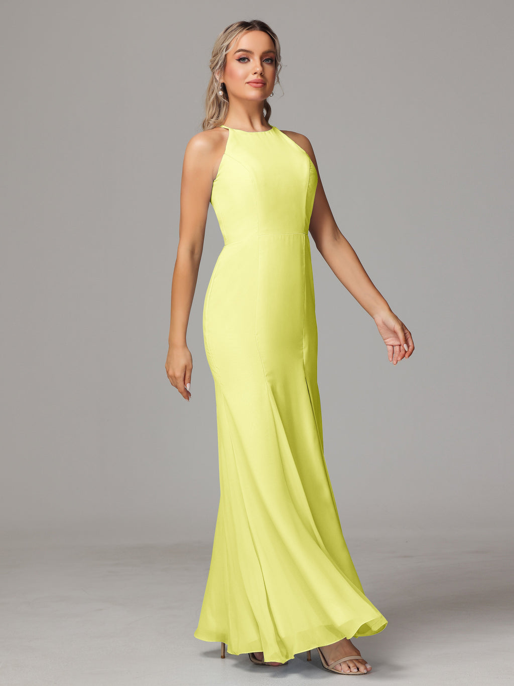 Halter Open Back Chiffon Bridesmaid Dress With Slit