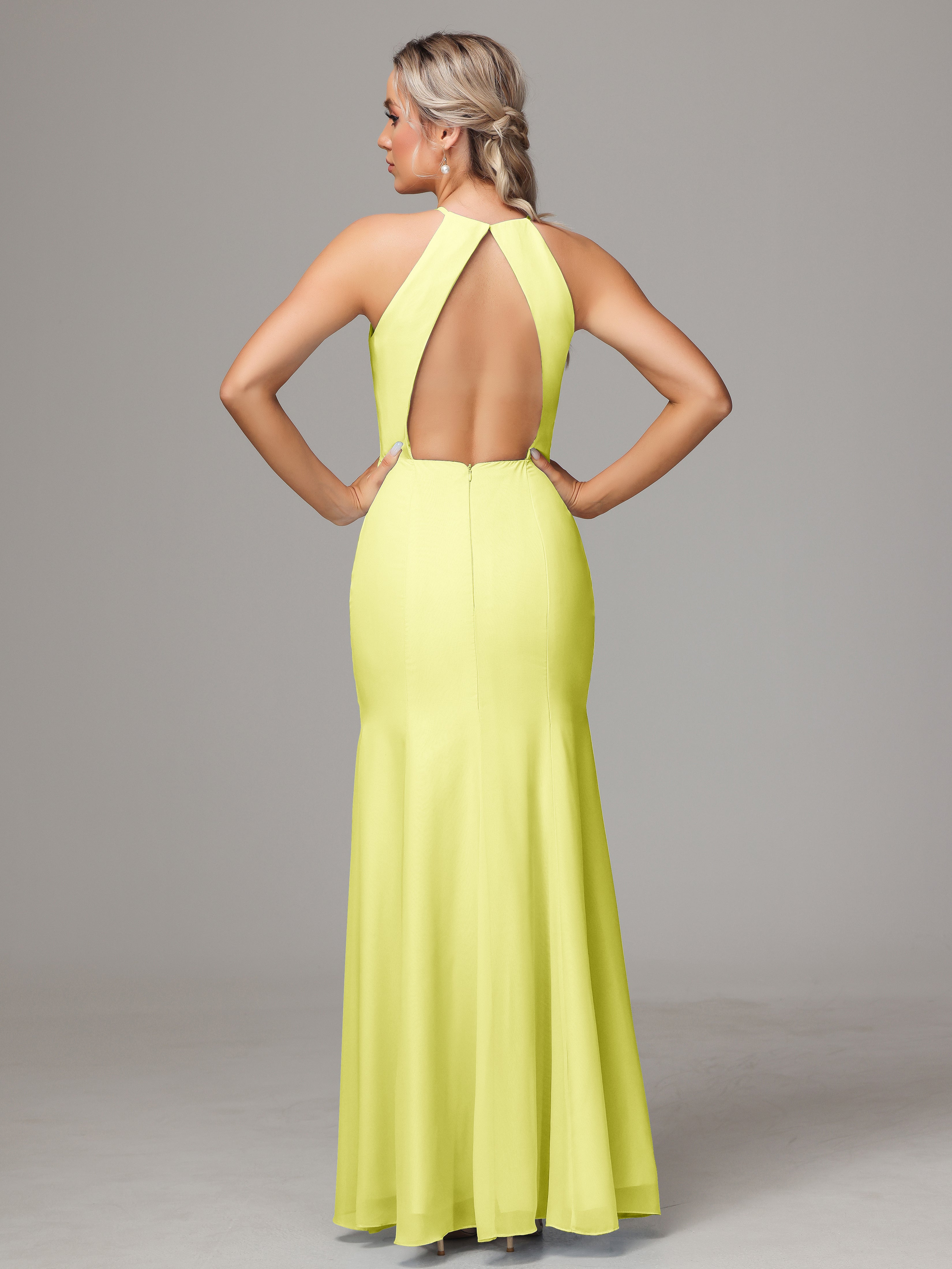 Halter Open Back Chiffon Bridesmaid Dress With Slit