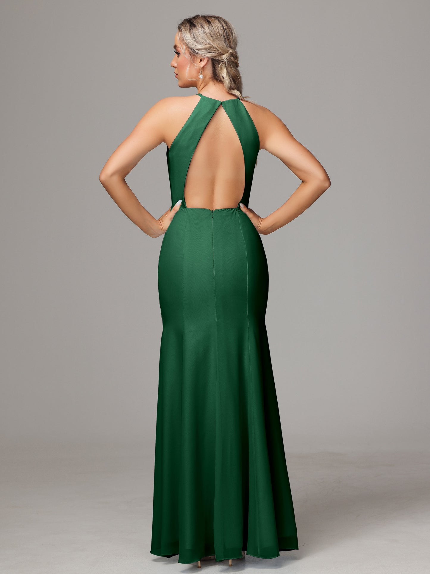 Halter Open Back Chiffon Bridesmaid Dress With Slit
