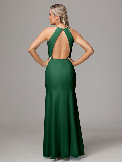 Halter Open Back Chiffon Bridesmaid Dress With Slit