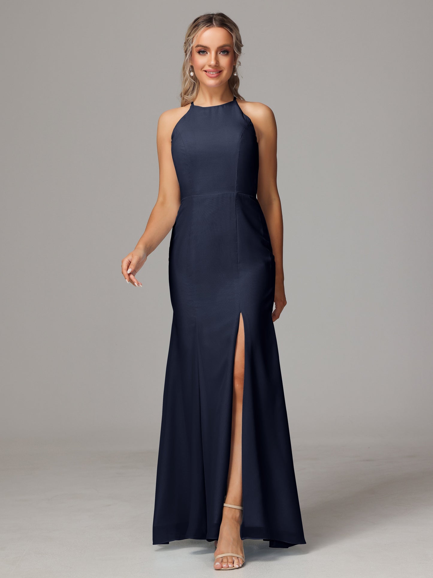 Halter Open Back Chiffon Bridesmaid Dress With Slit
