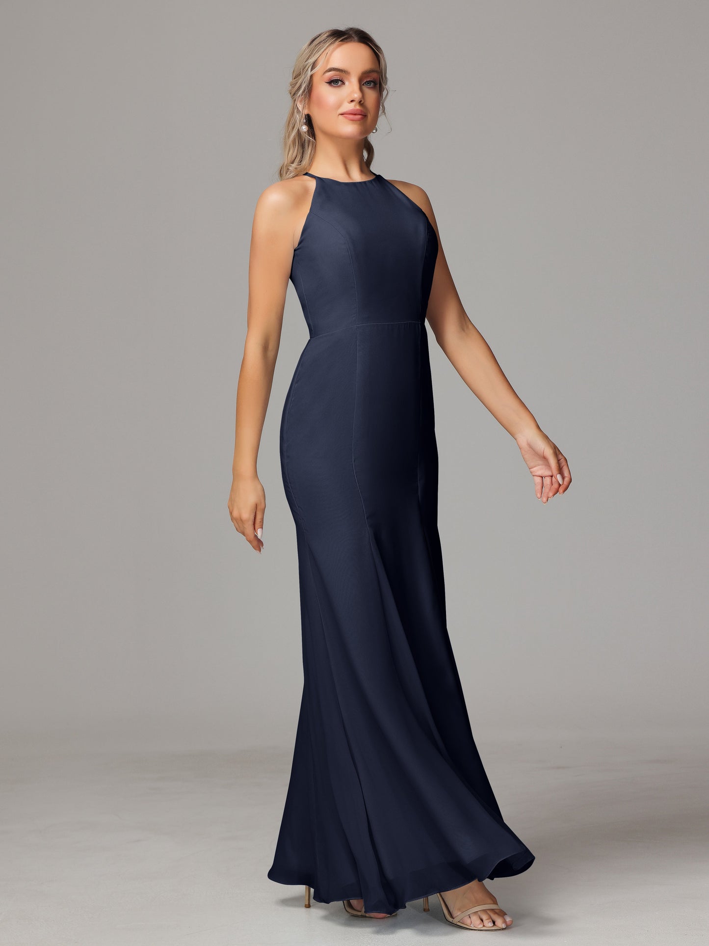 Halter Open Back Chiffon Bridesmaid Dress With Slit