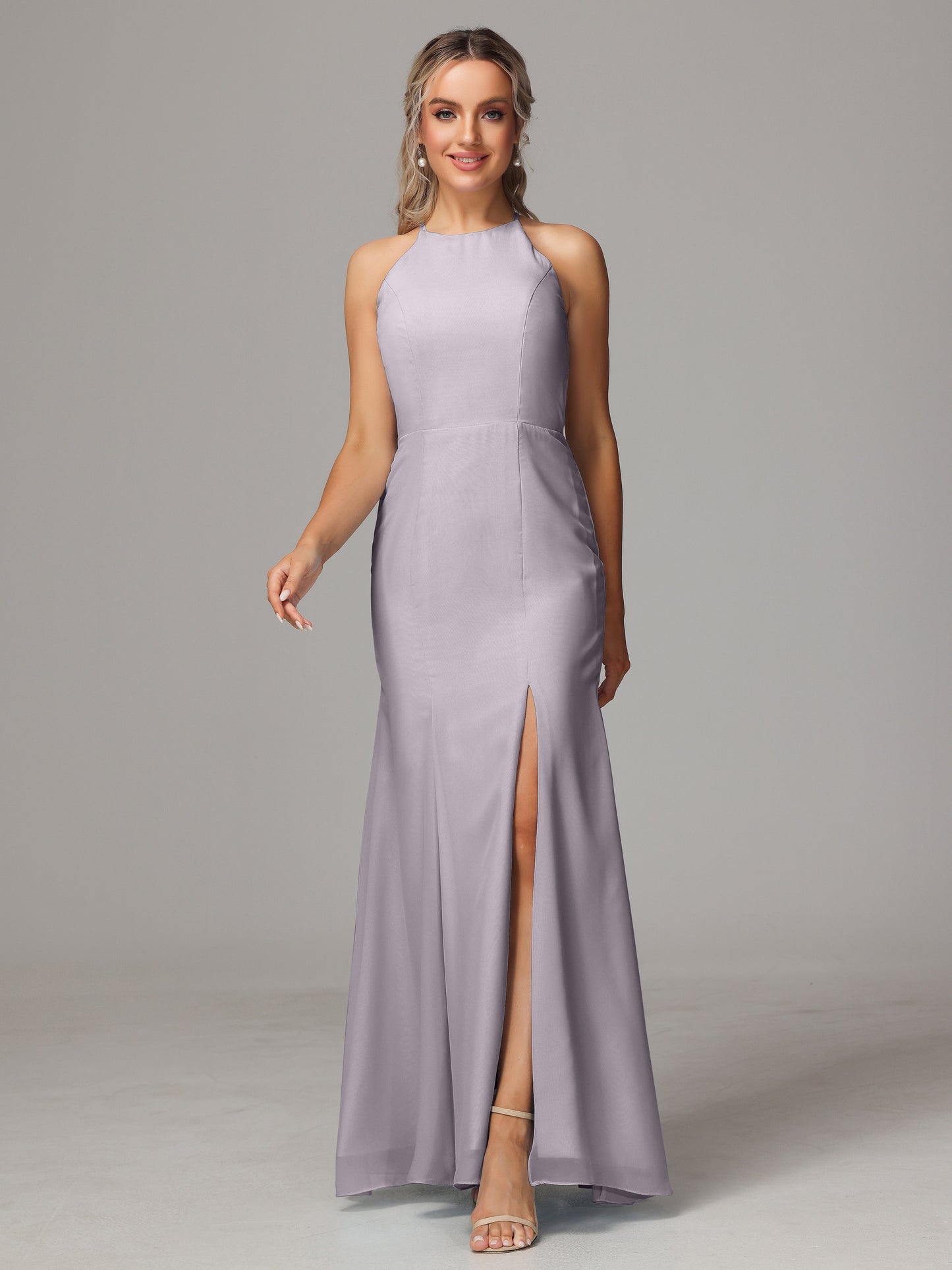 Halter Open Back Chiffon Bridesmaid Dress With Slit