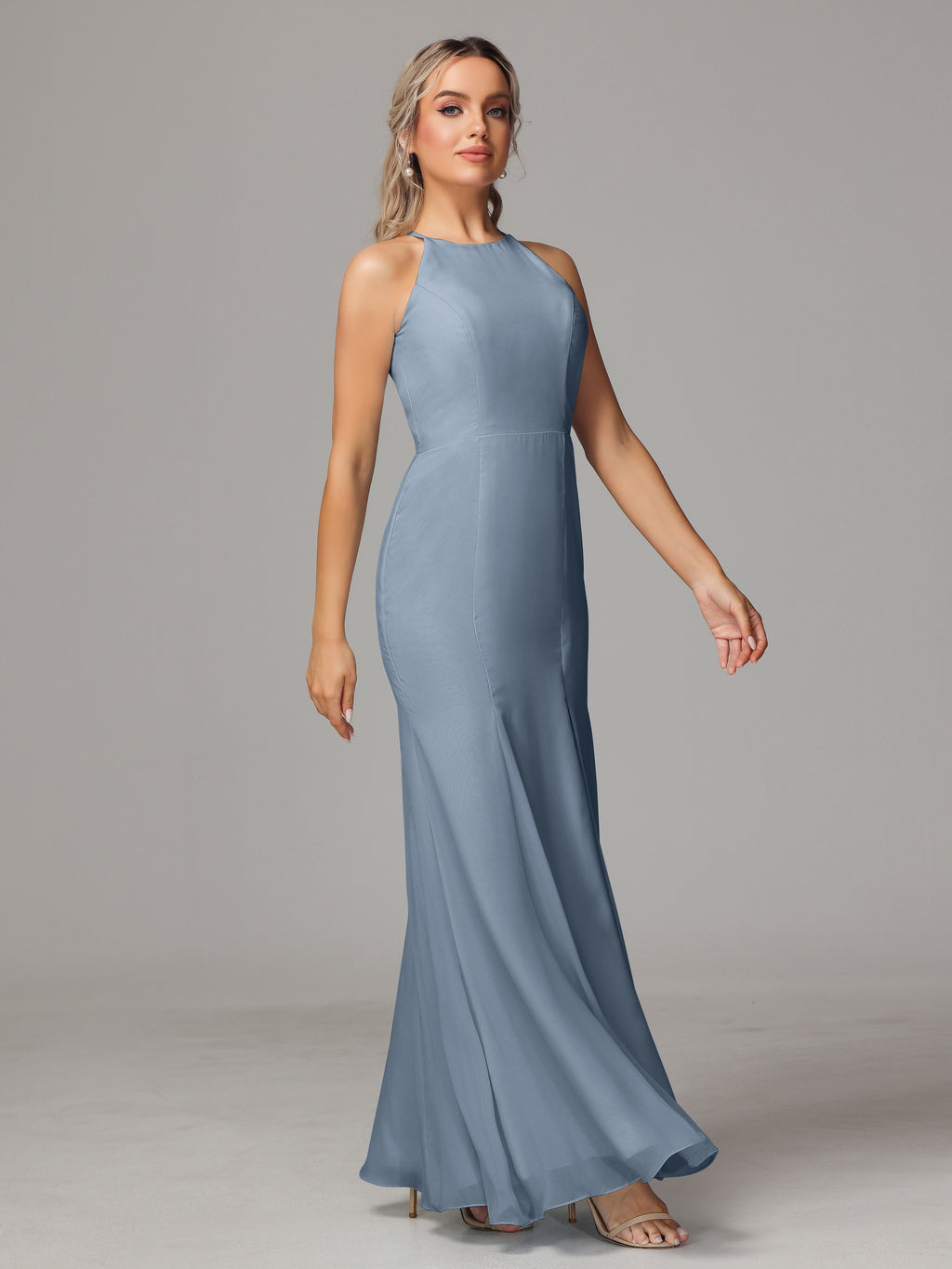 Halter Open Back Chiffon Bridesmaid Dress With Slit