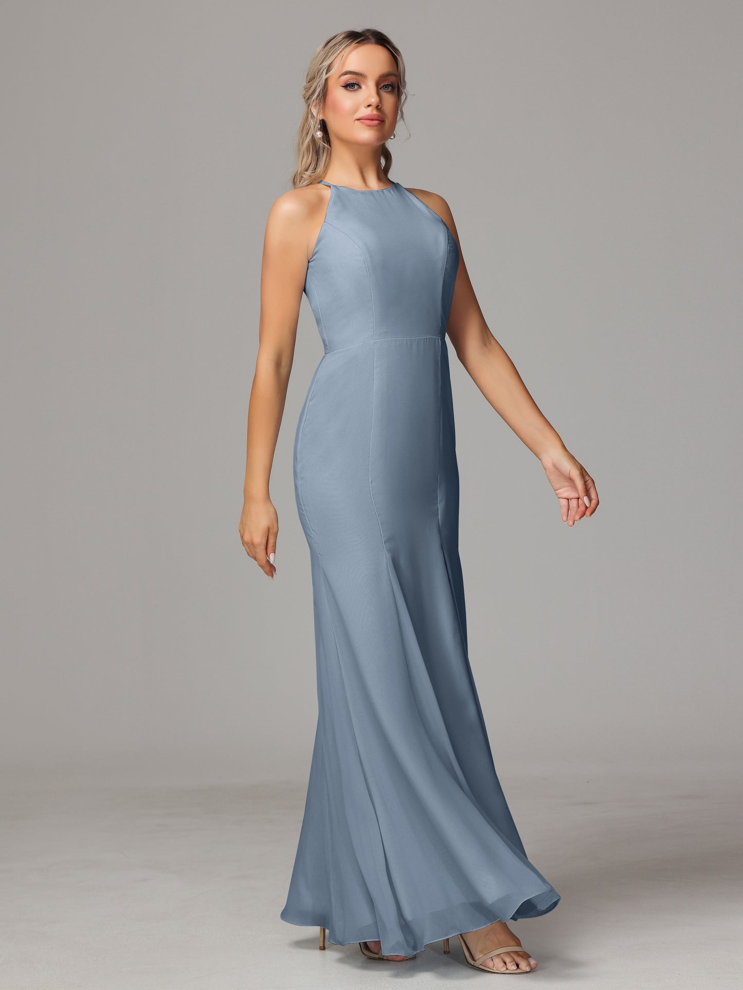 Halter Open Back Chiffon Bridesmaid Dress With Slit