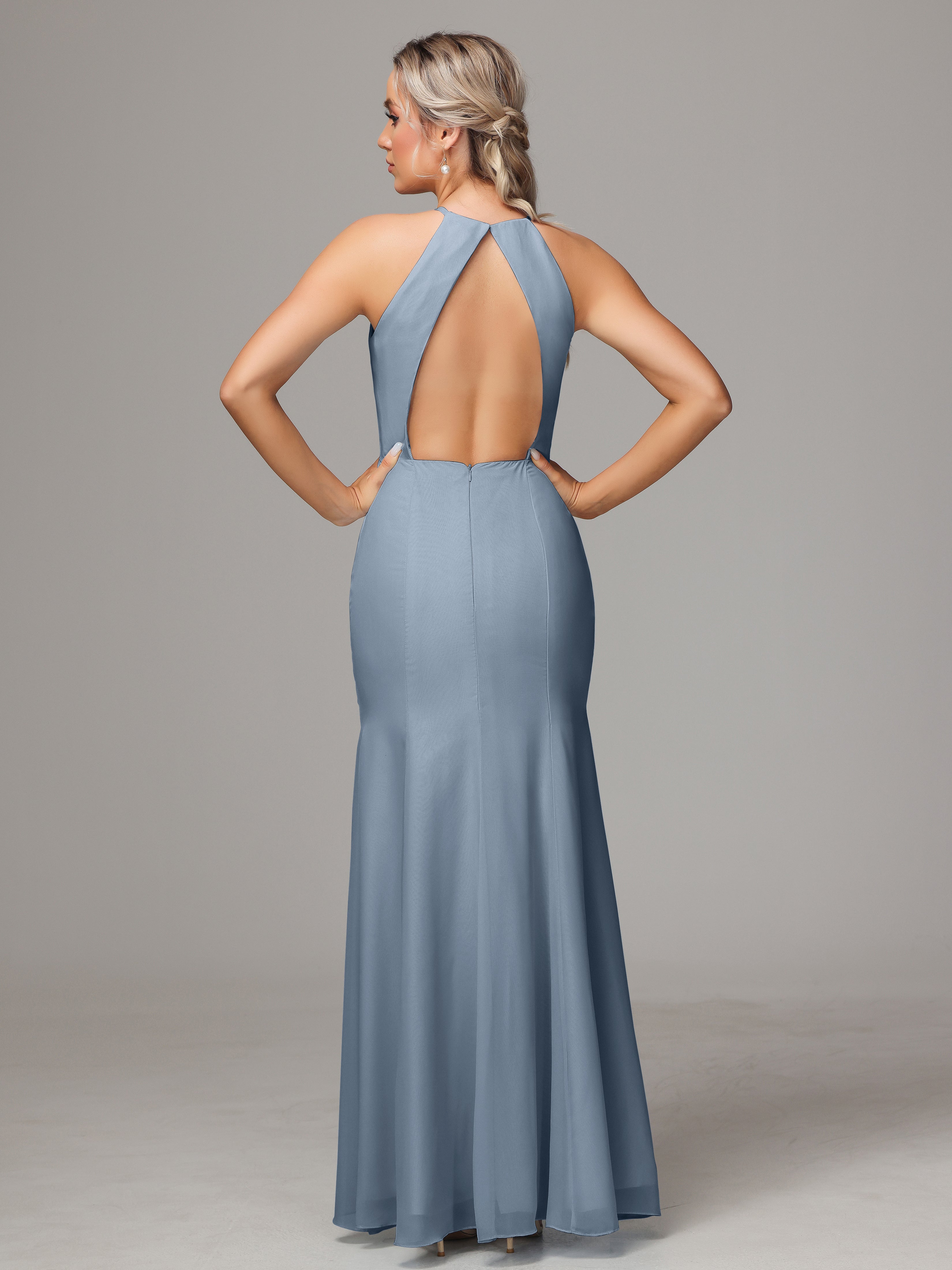 Halter Open Back Chiffon Bridesmaid Dress With Slit