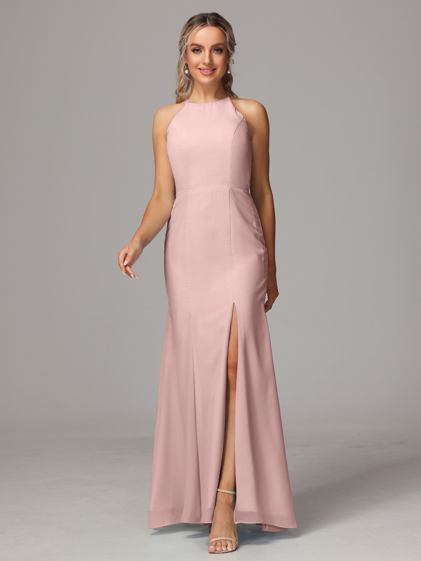 Halter Open Back Chiffon Bridesmaid Dress With Slit