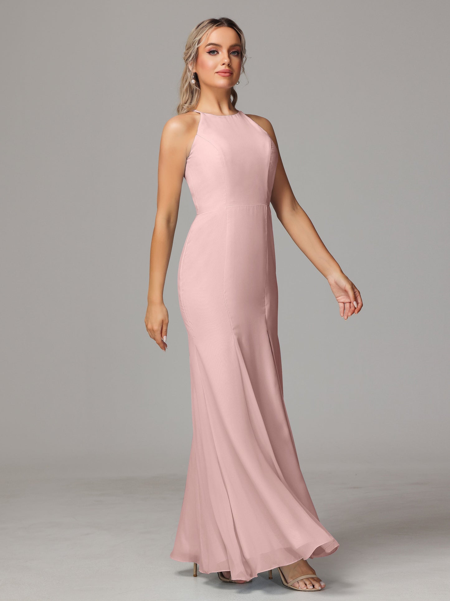 Halter Open Back Chiffon Bridesmaid Dress With Slit