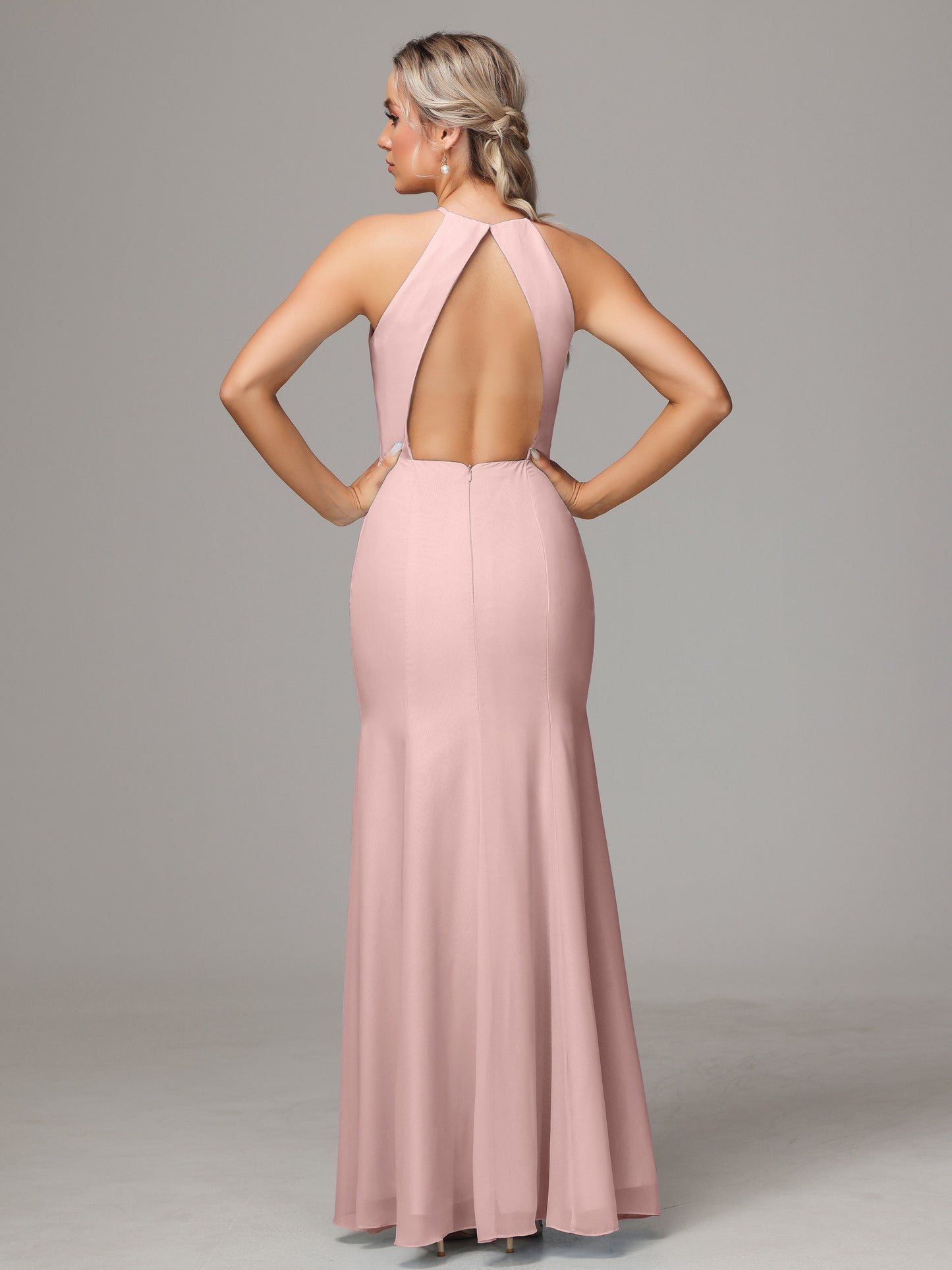 Halter Open Back Chiffon Bridesmaid Dress With Slit