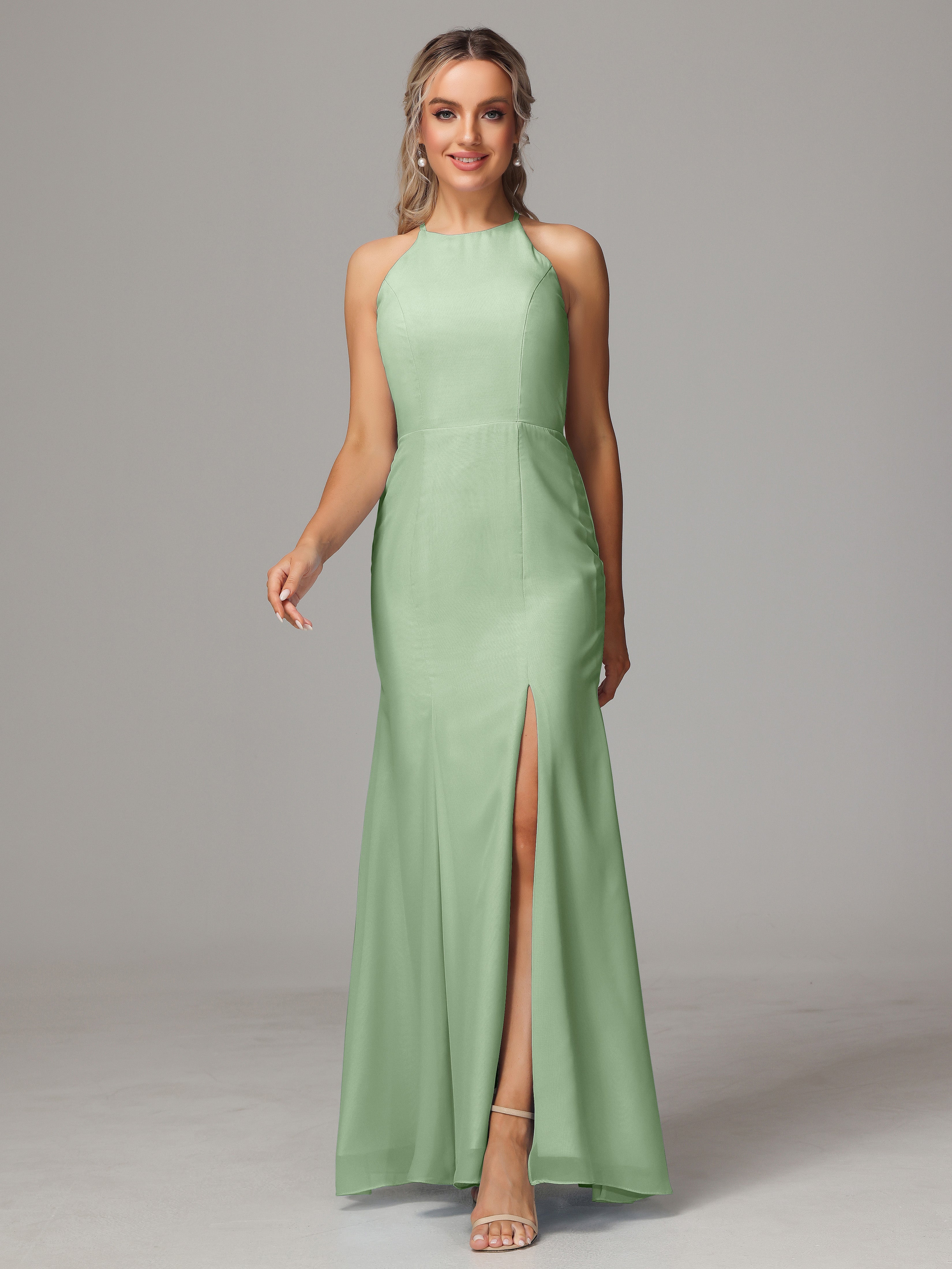 Halter Open Back Chiffon Bridesmaid Dress With Slit