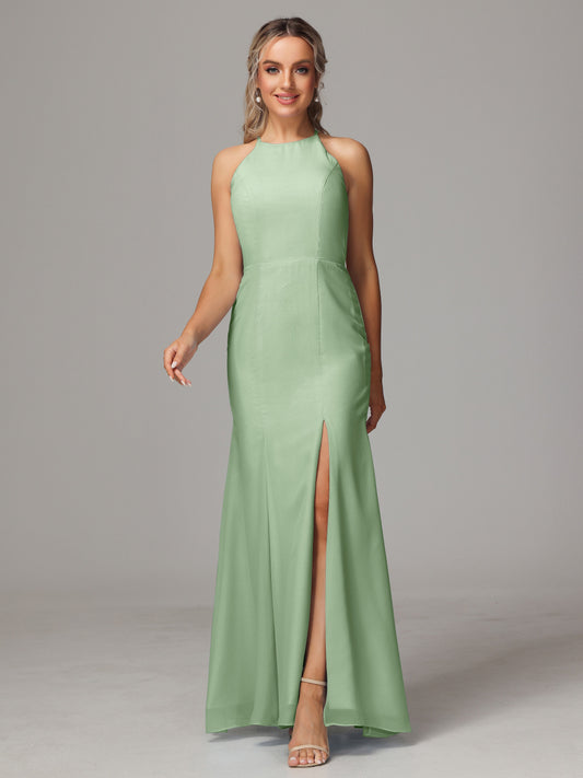 Halter Open Back Chiffon Bridesmaid Dress With Slit