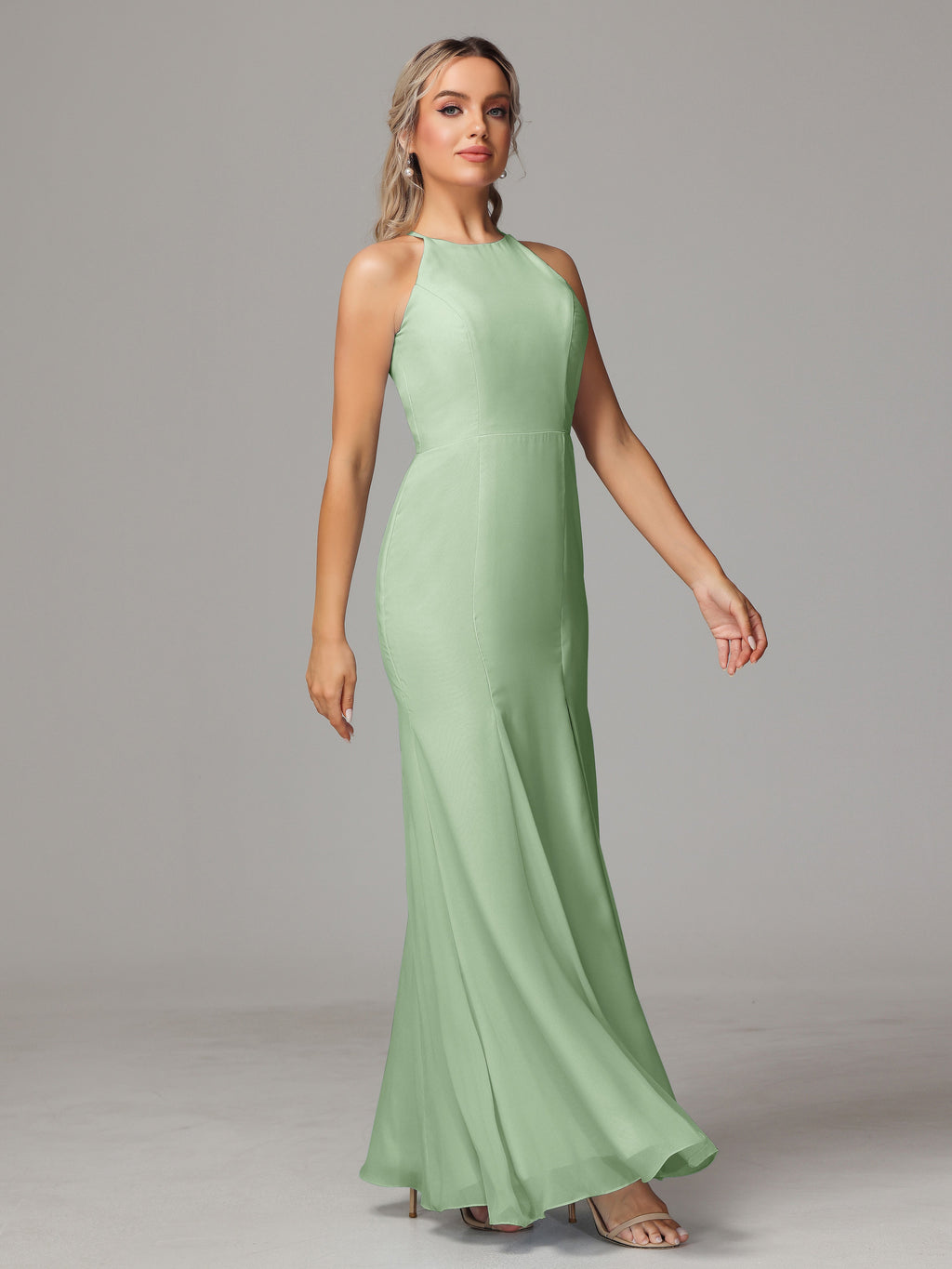 Halter Open Back Chiffon Bridesmaid Dress With Slit