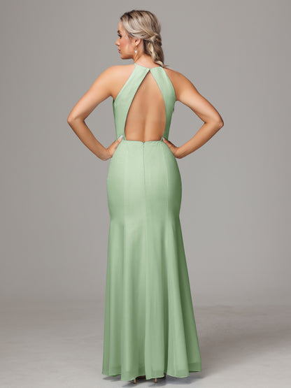 Halter Open Back Chiffon Bridesmaid Dress With Slit