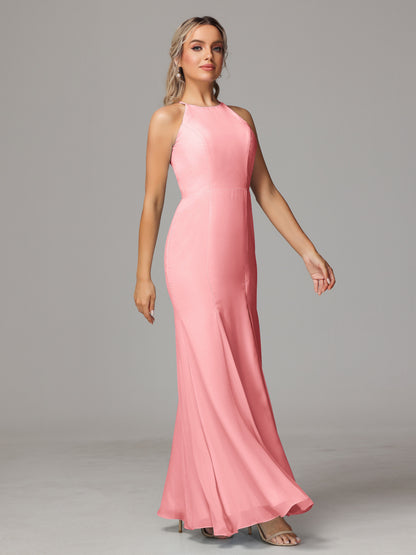 Halter Open Back Chiffon Bridesmaid Dress With Slit