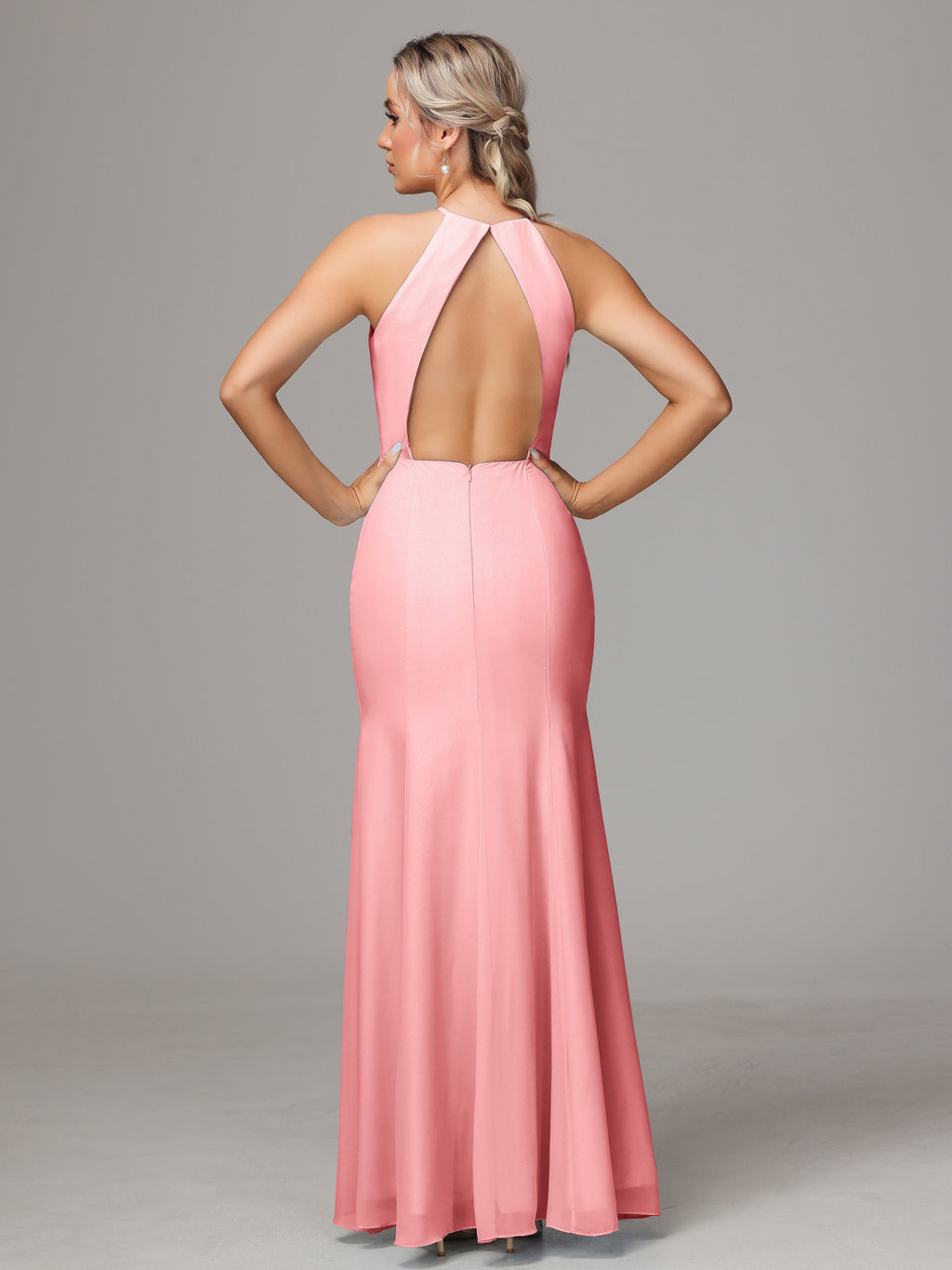 Halter Open Back Chiffon Bridesmaid Dress With Slit