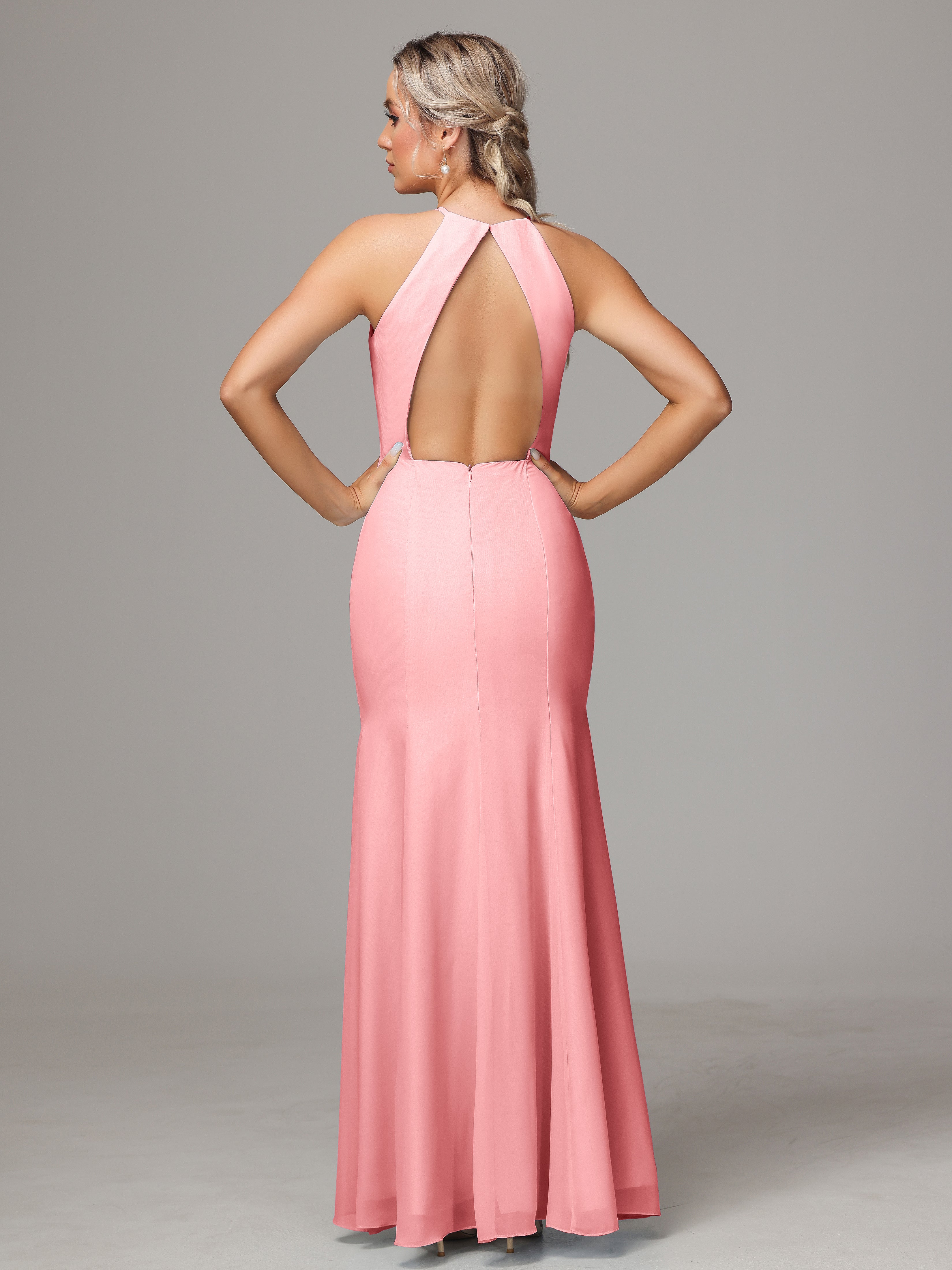 Halter Open Back Chiffon Bridesmaid Dress With Slit