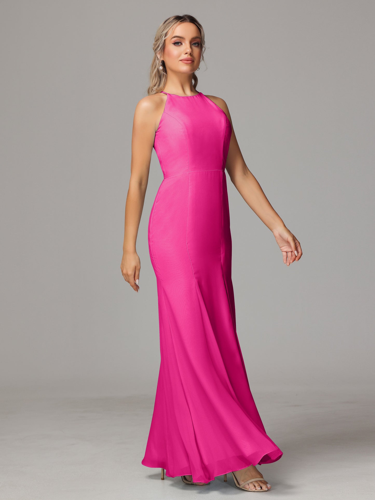 Halter Open Back Chiffon Bridesmaid Dress With Slit