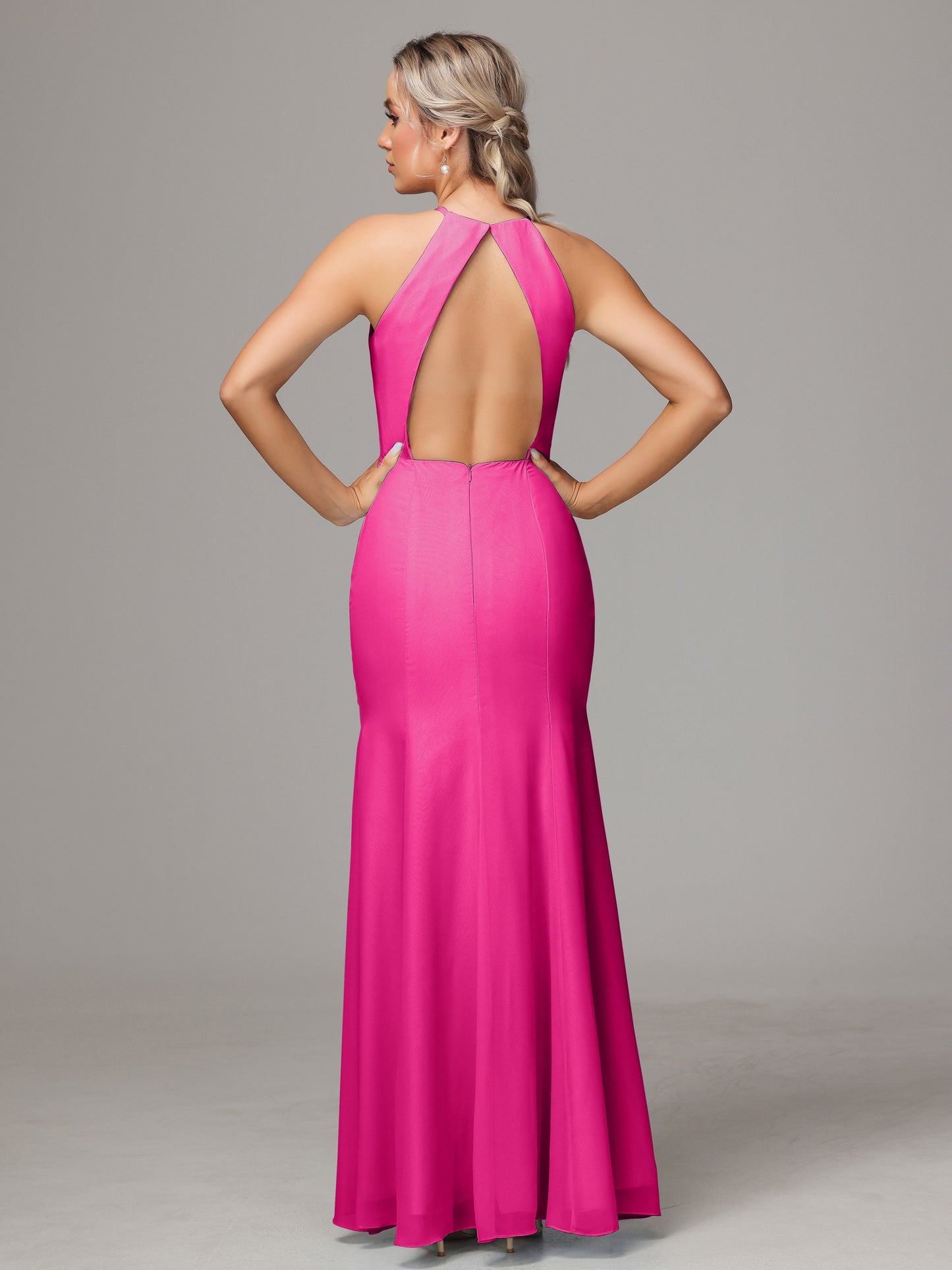 Halter Open Back Chiffon Bridesmaid Dress With Slit