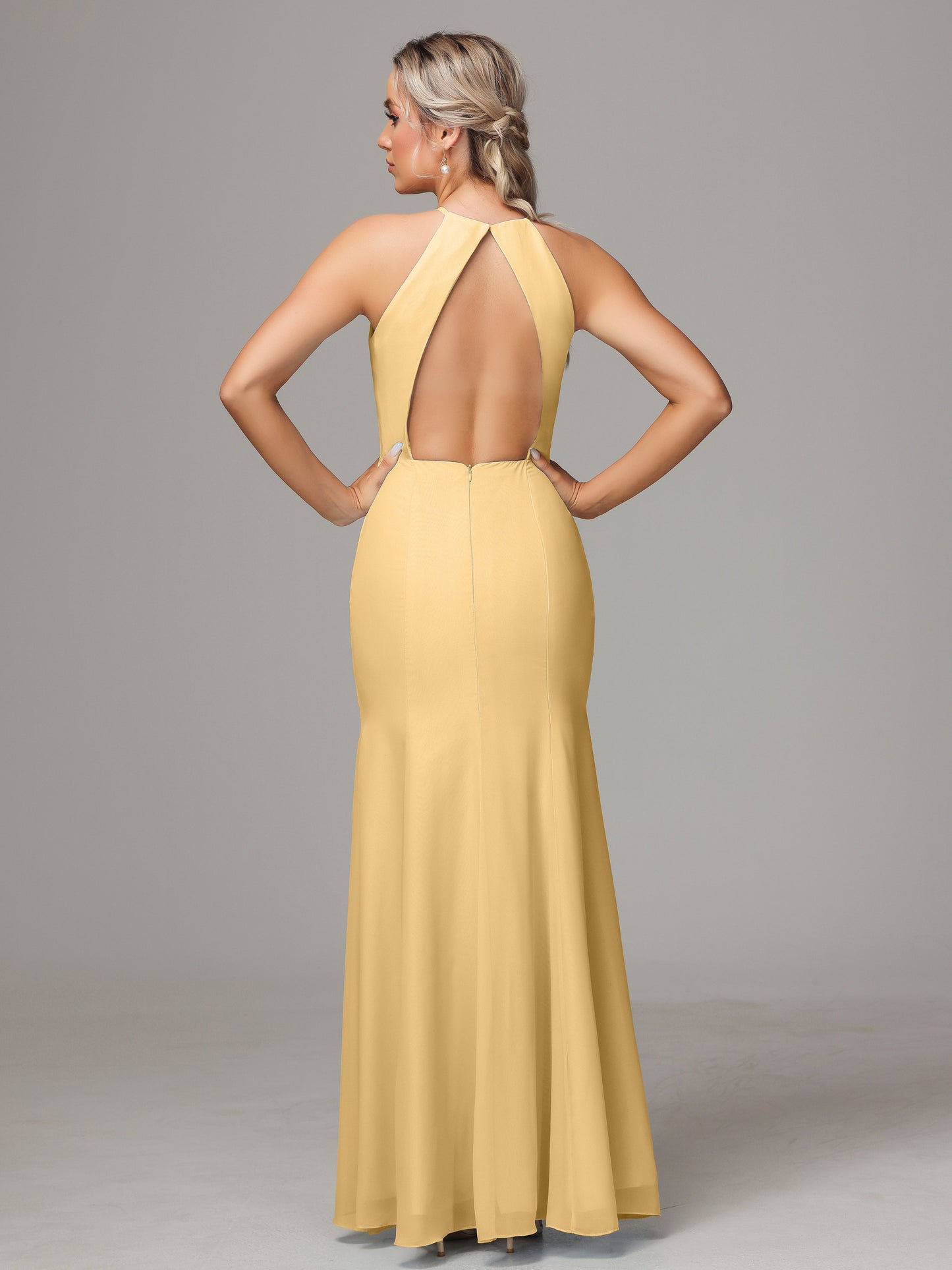 Halter Open Back Chiffon Bridesmaid Dress With Slit