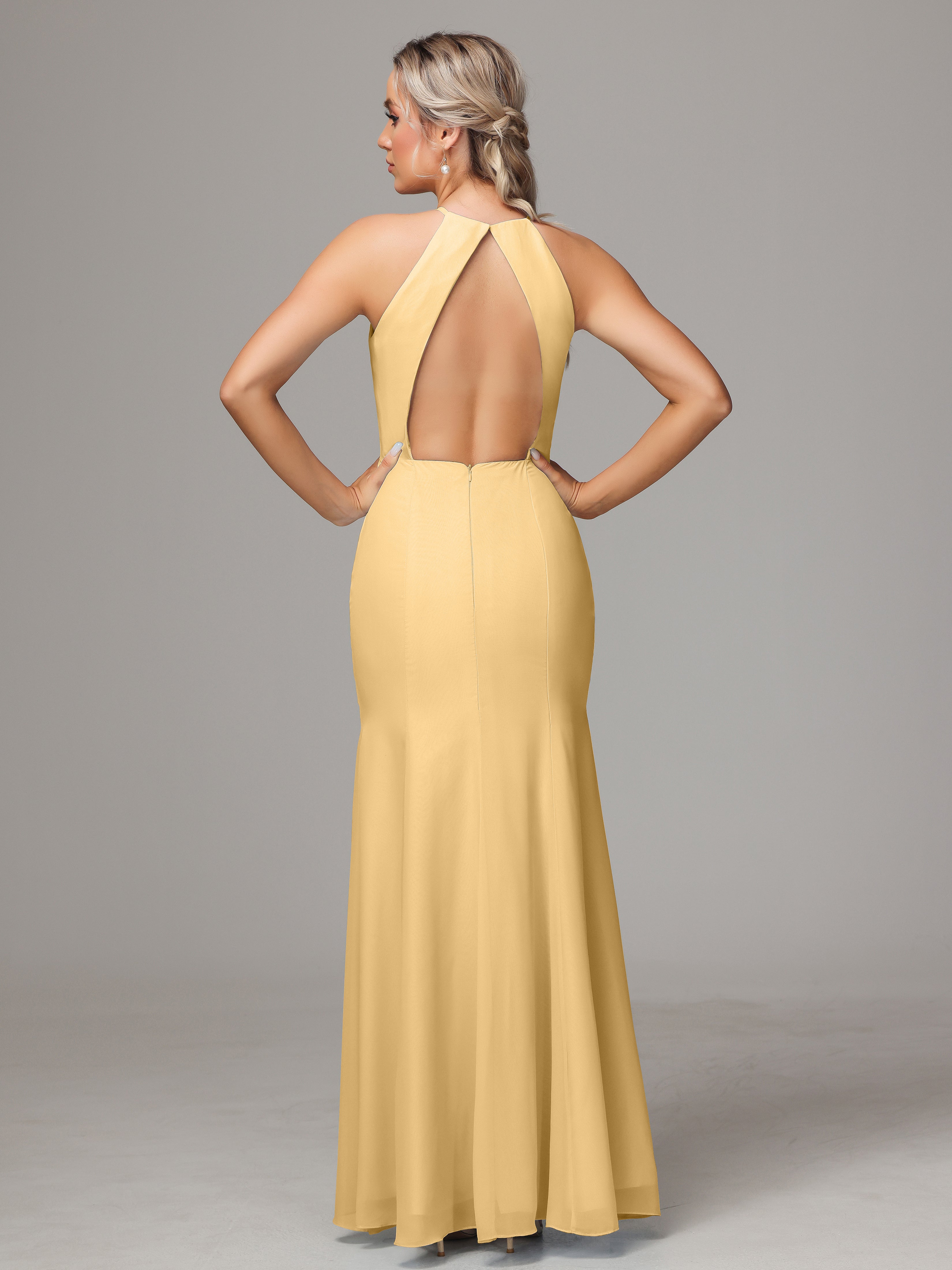 Halter Open Back Chiffon Bridesmaid Dress With Slit