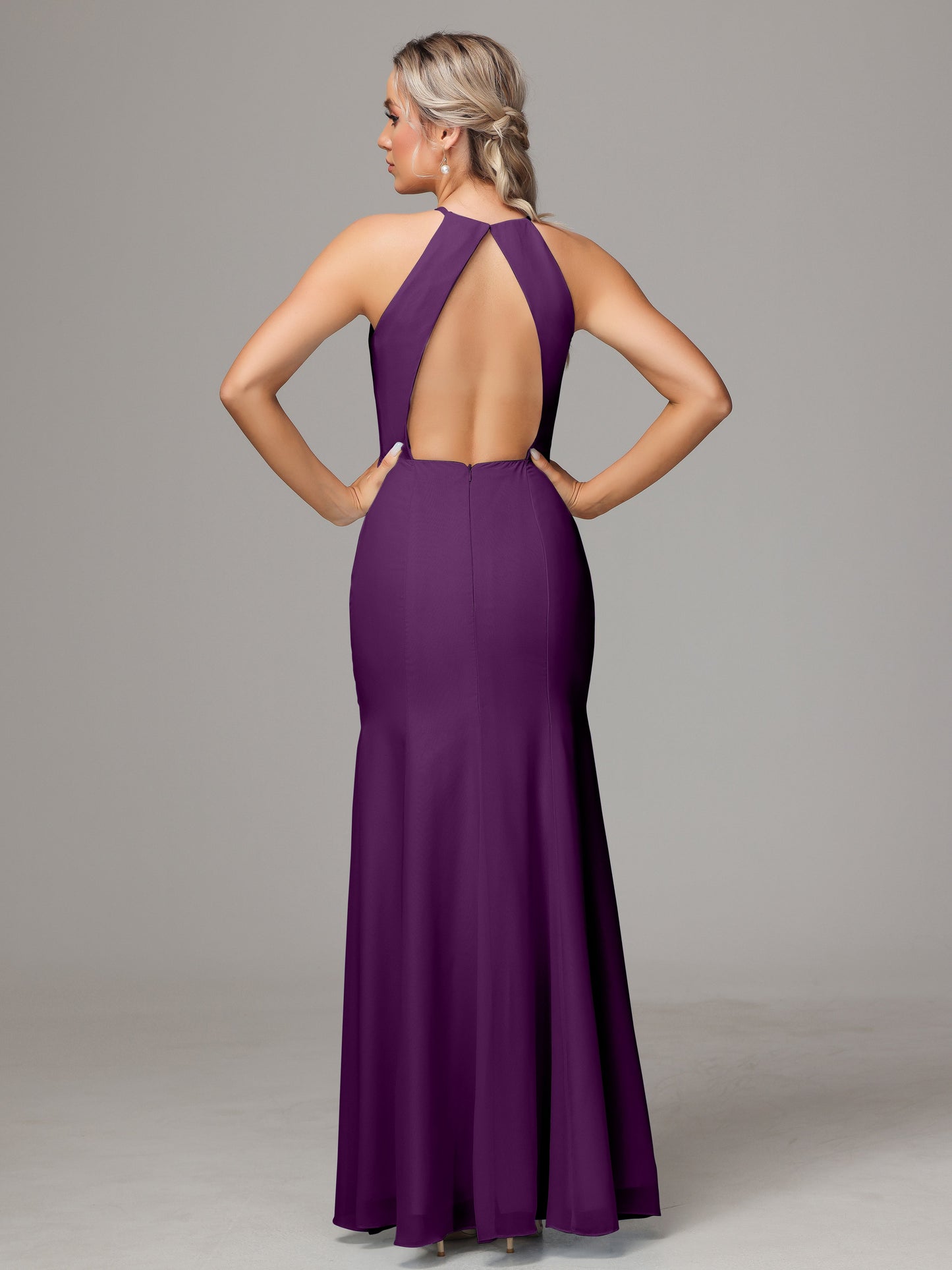Halter Open Back Chiffon Bridesmaid Dress With Slit
