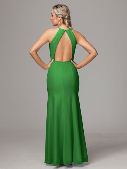 Halter Open Back Chiffon Bridesmaid Dress With Slit