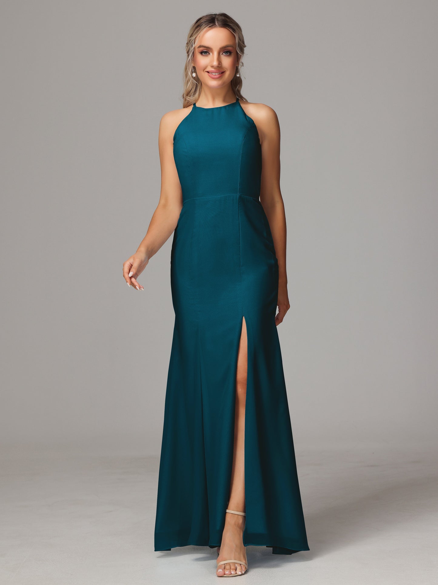 Halter Open Back Chiffon Bridesmaid Dress With Slit