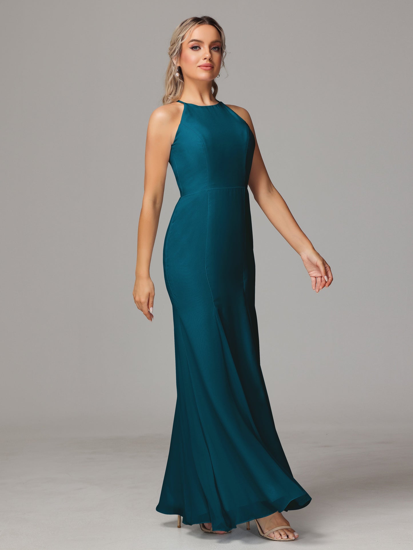 Halter Open Back Chiffon Bridesmaid Dress With Slit