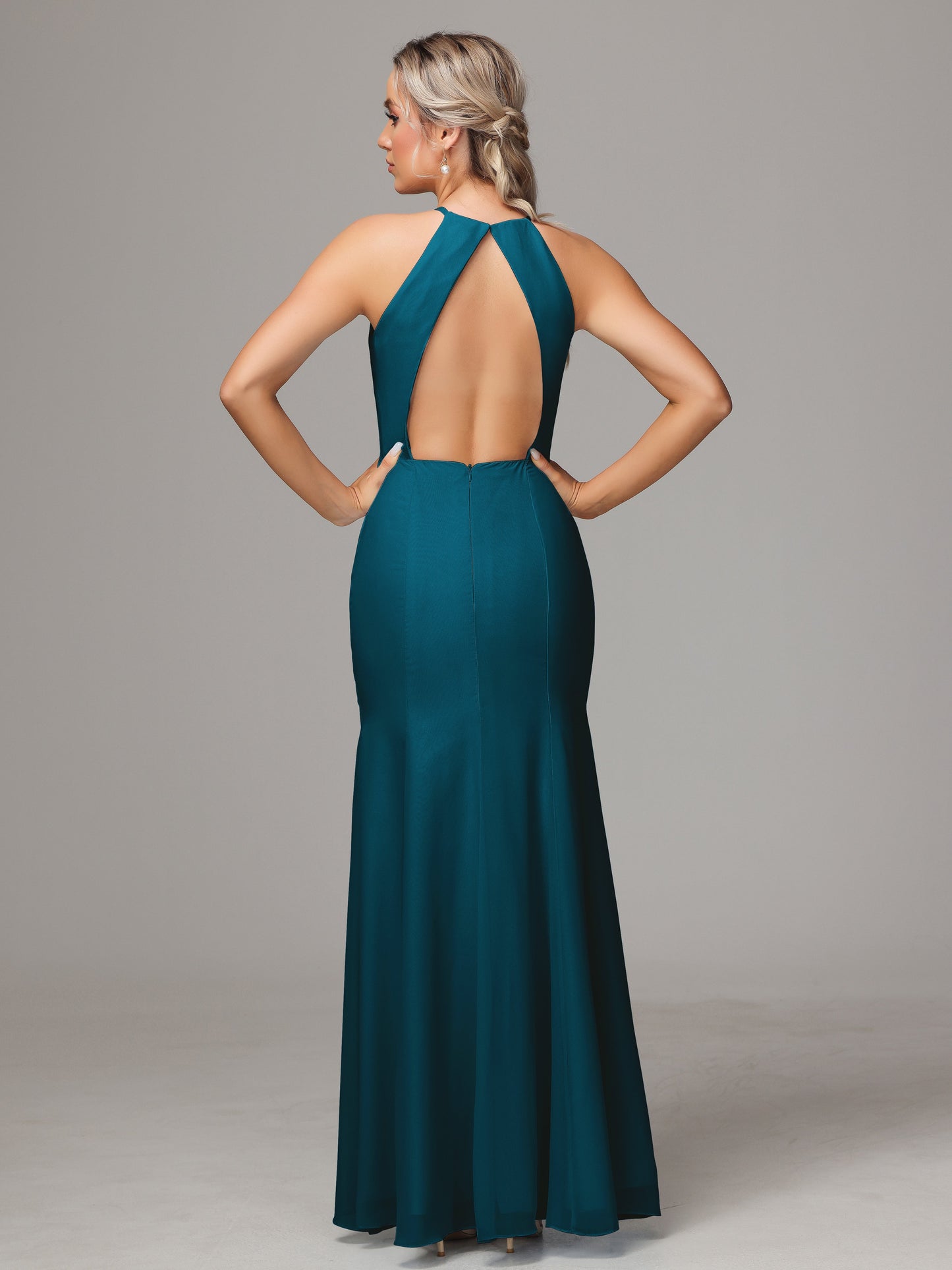 Halter Open Back Chiffon Bridesmaid Dress With Slit