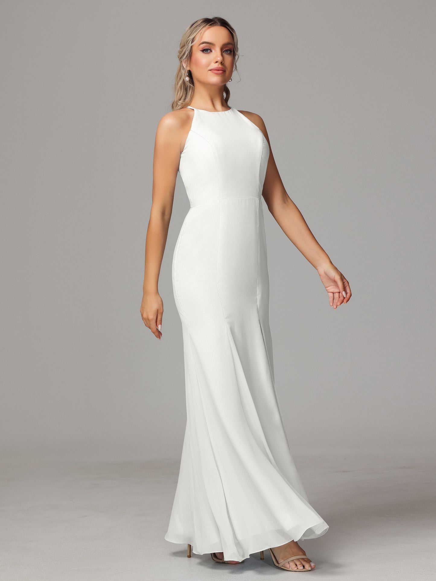 Halter Open Back Chiffon Bridesmaid Dress With Slit
