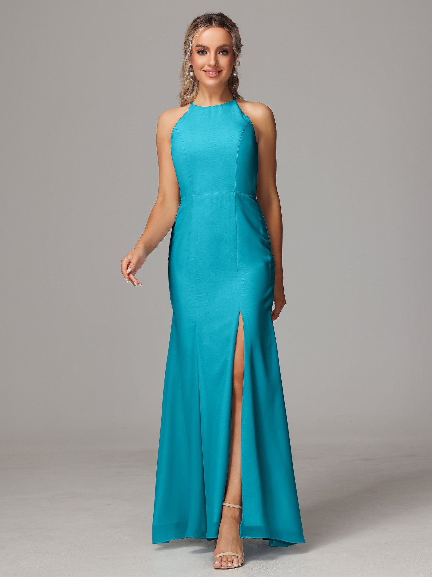 Halter Open Back Chiffon Bridesmaid Dress With Slit