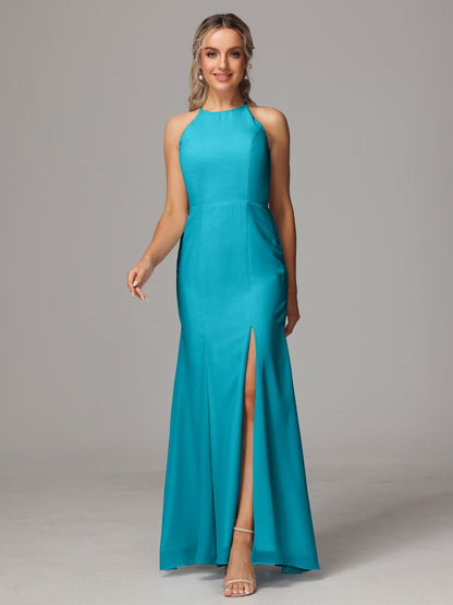 Halter Open Back Chiffon Bridesmaid Dress With Slit