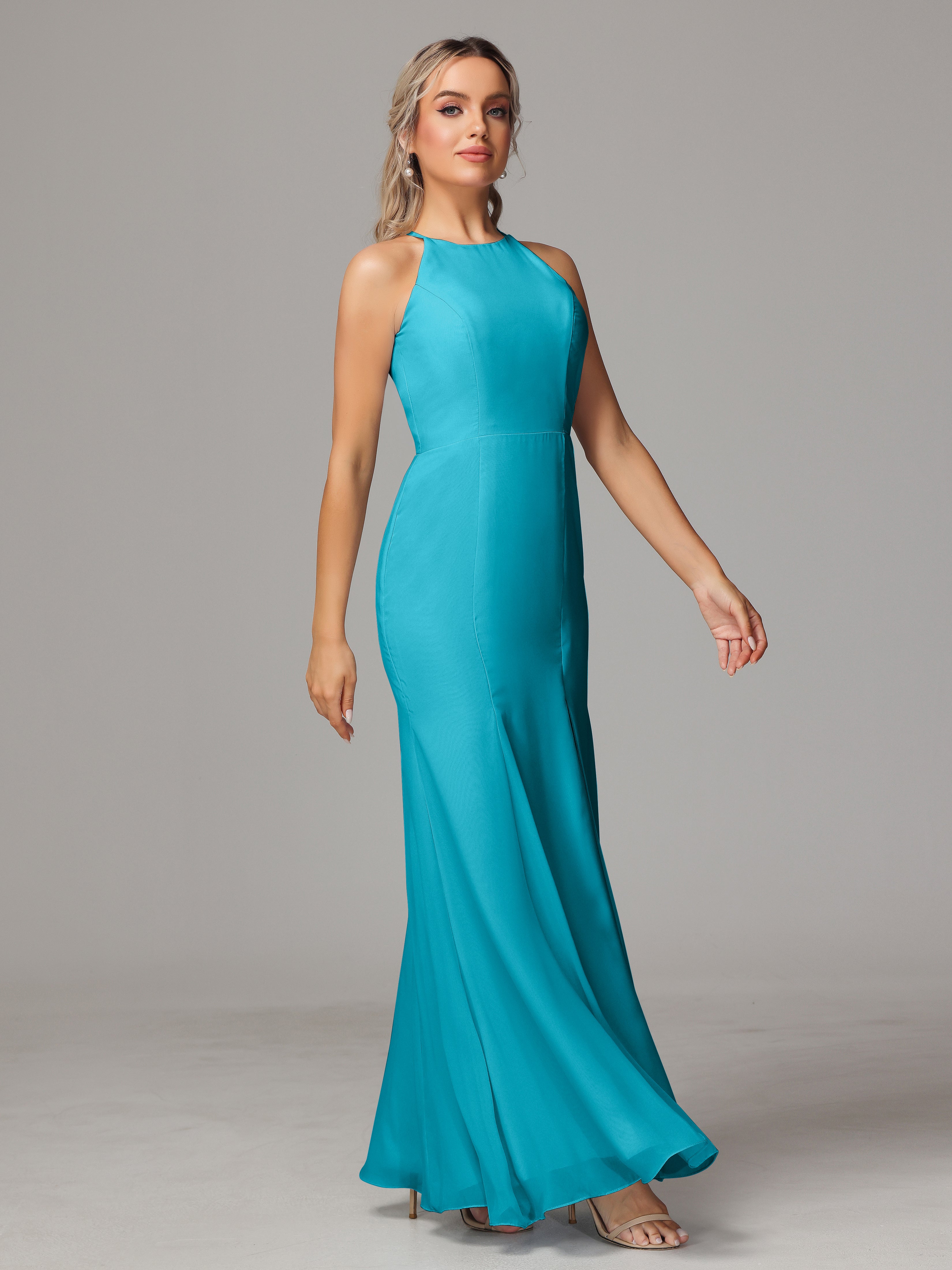 Halter Open Back Chiffon Bridesmaid Dress With Slit