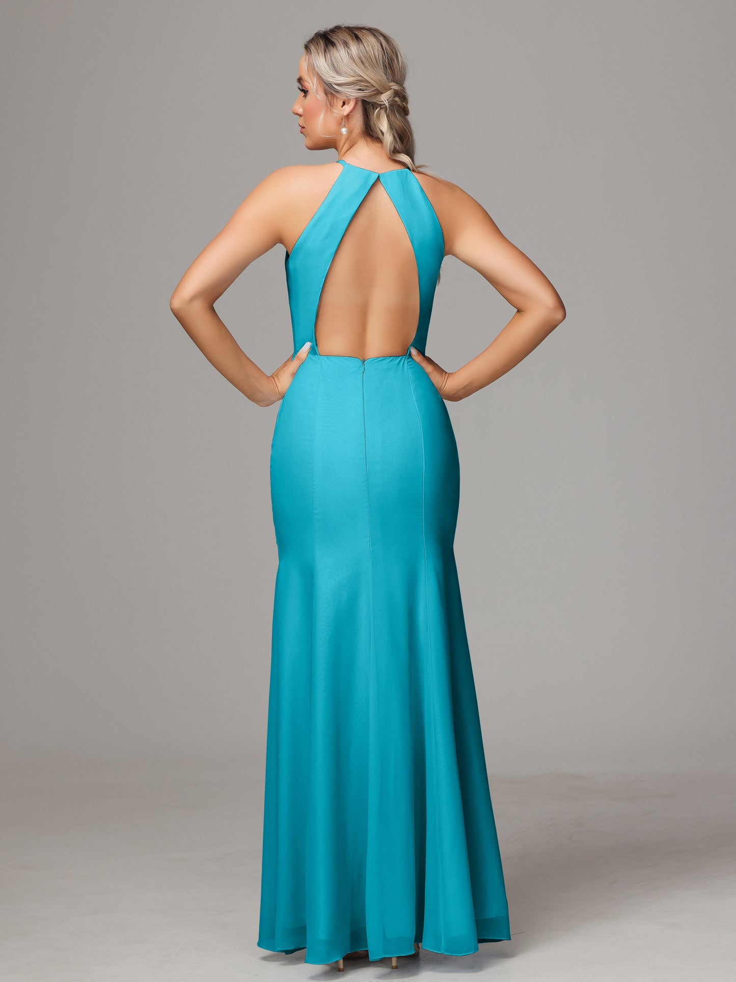 Halter Open Back Chiffon Bridesmaid Dress With Slit