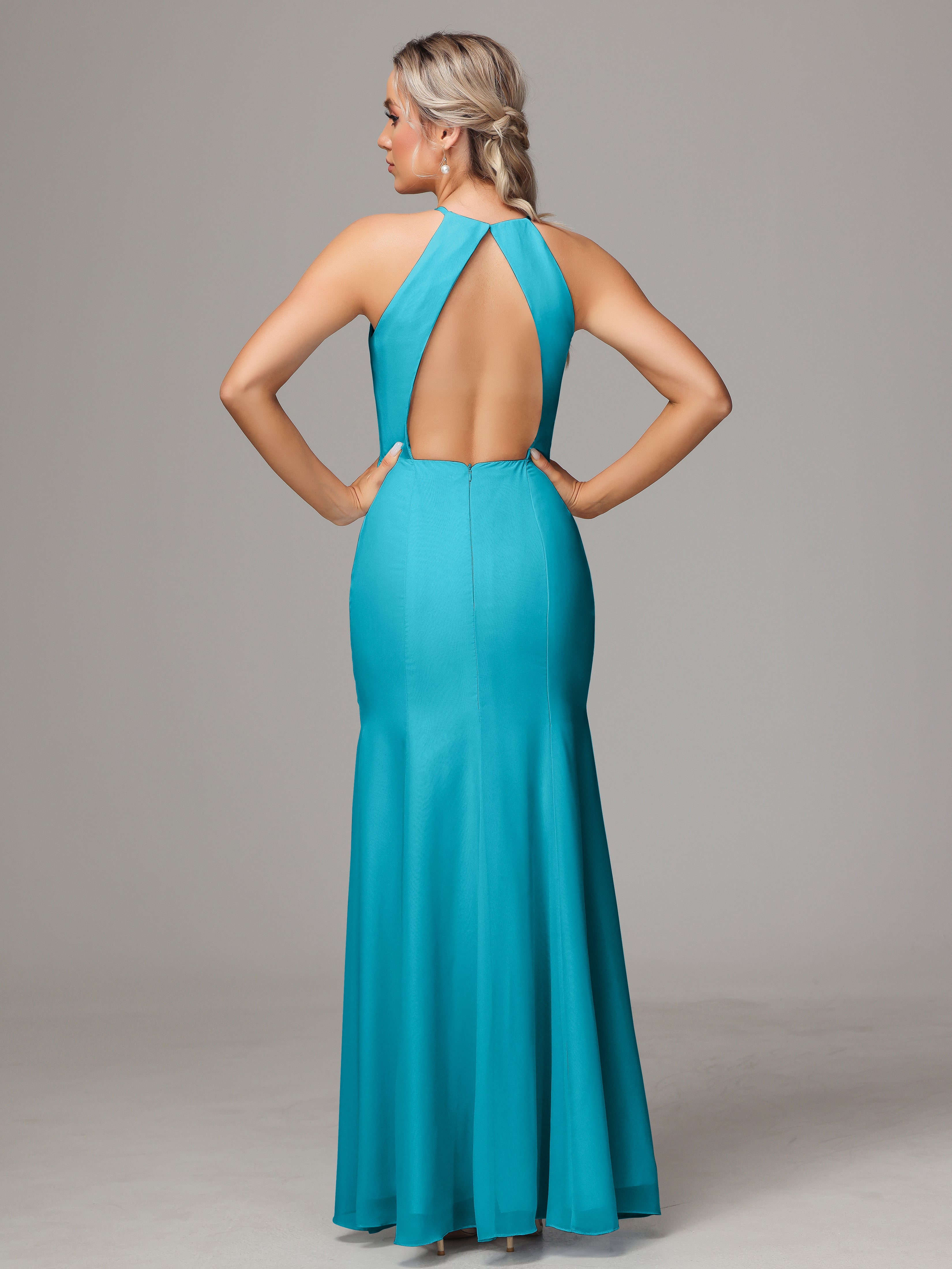 Halter Open Back Chiffon Bridesmaid Dress With Slit