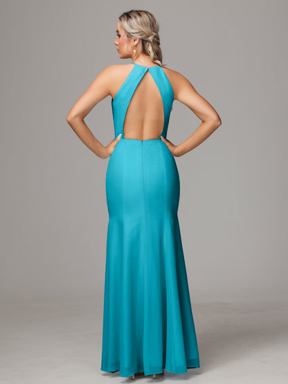 Halter Open Back Chiffon Bridesmaid Dress With Slit