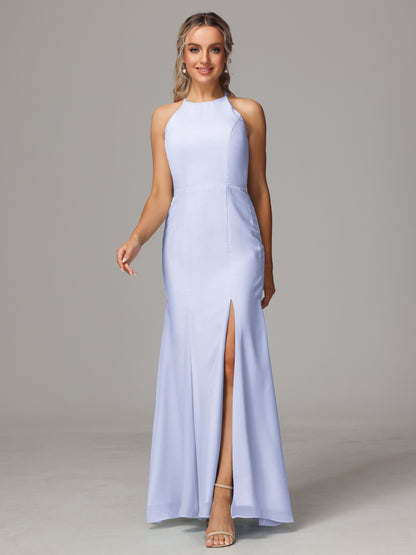 Halter Open Back Chiffon Bridesmaid Dress With Slit