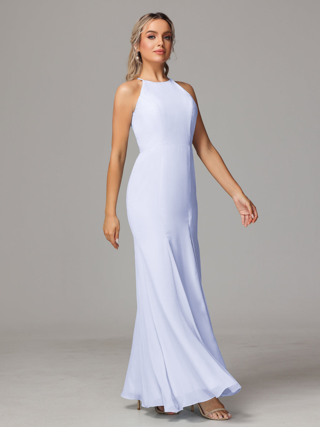Halter Open Back Chiffon Bridesmaid Dress With Slit