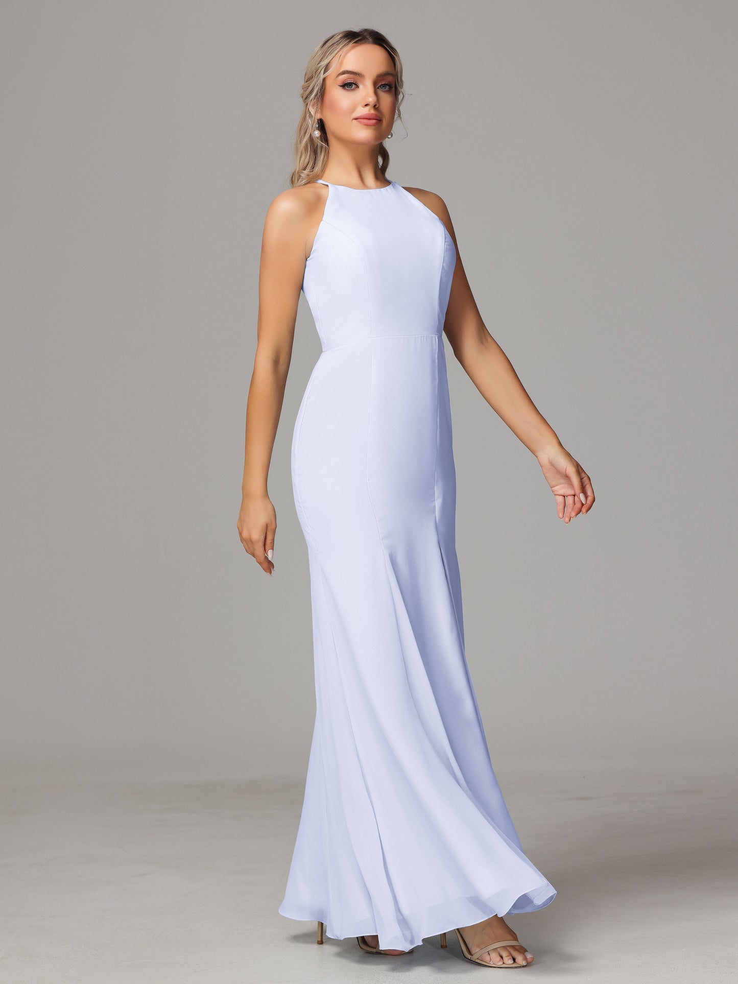 Halter Open Back Chiffon Bridesmaid Dress With Slit