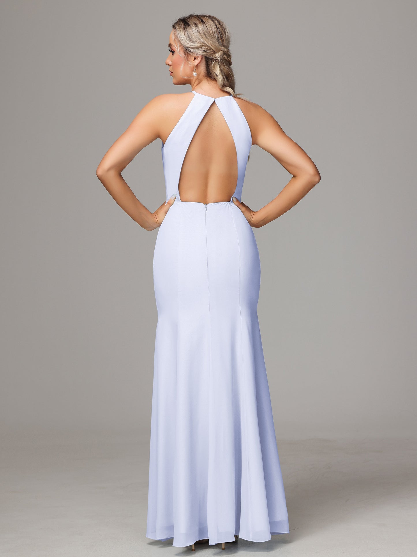 Halter Open Back Chiffon Bridesmaid Dress With Slit