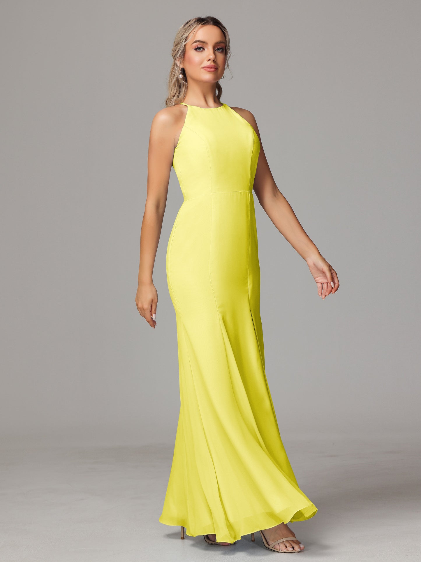 Halter Open Back Chiffon Bridesmaid Dress With Slit
