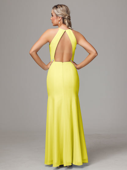 Halter Open Back Chiffon Bridesmaid Dress With Slit