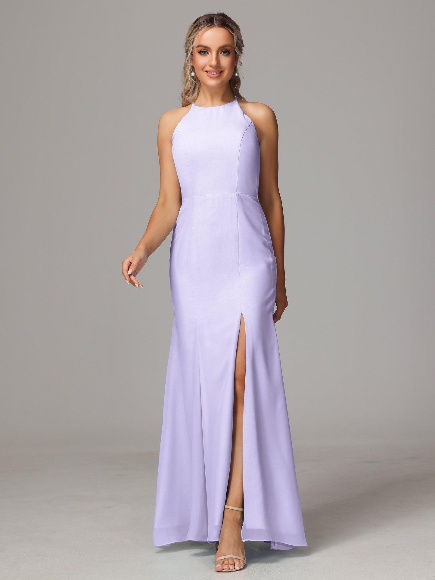 Halter Open Back Chiffon Bridesmaid Dress With Slit